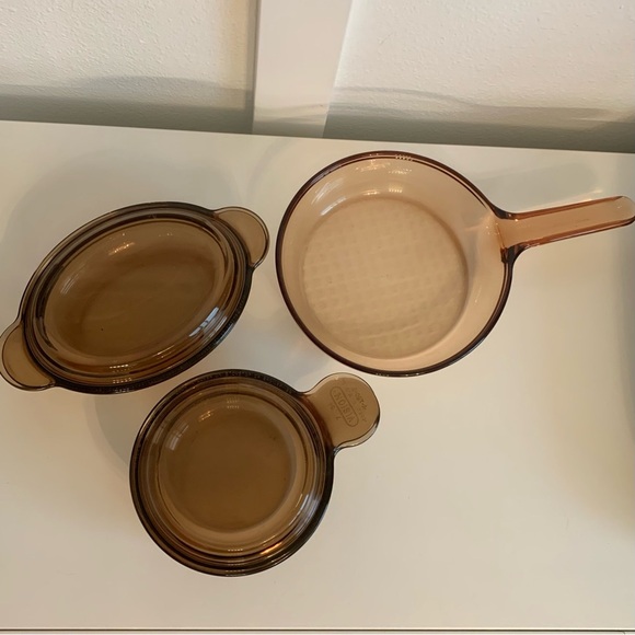 Vintage Pyrex Vision Corning Ware Glassware Pan Grab Heat-N-Eat Amber Set + Lids - Picture 1 of 14